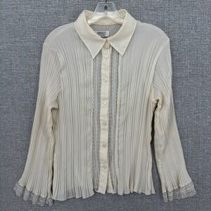 Vintage Dress U By Sharon Pleated Blouse Women M Cream Lace Trim Cottage Y2K